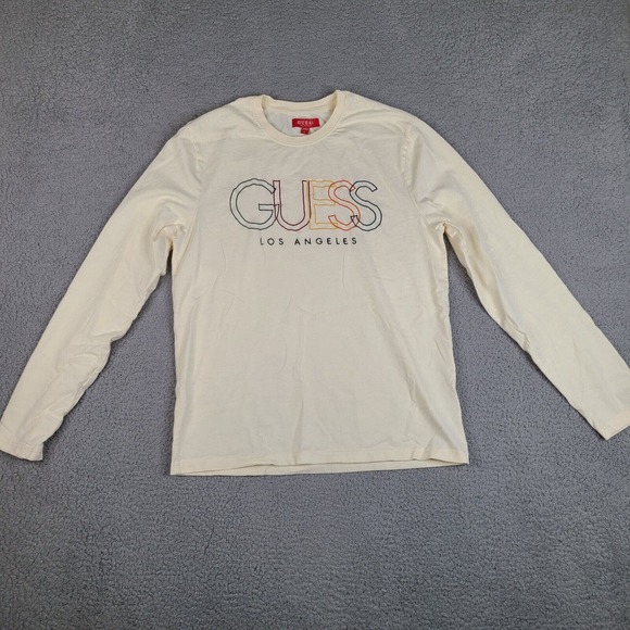 Guess Los Angeles T-Shirt Mens Large Beige Long Sleeve Embroidered Cotton‎ - Picture 1 of 13